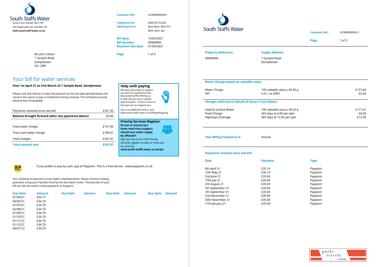 United Kingdom South Staffs Water utility bill template in Word and PDF format, 2 pages